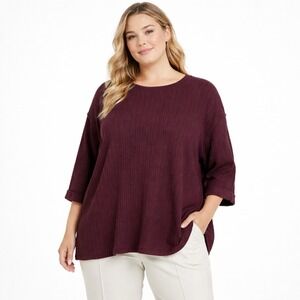 SHE+SKY Burgundy Ribbed Knit 3/4 Sleeve Relaxed Fit Tunic Top XL